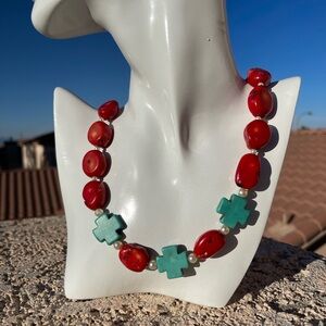 Bamboo Coral Necklace & Bracelet with Faux Pearls & Howlite Cross Beads